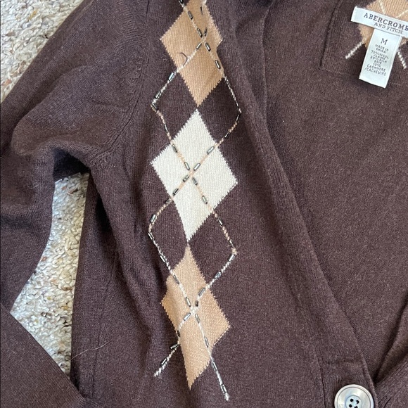 Vintage Abercrombie & Fitch Silk Cashmere Wool Argyle Cardigan M Brown Y2K - Picture 4 of 8
